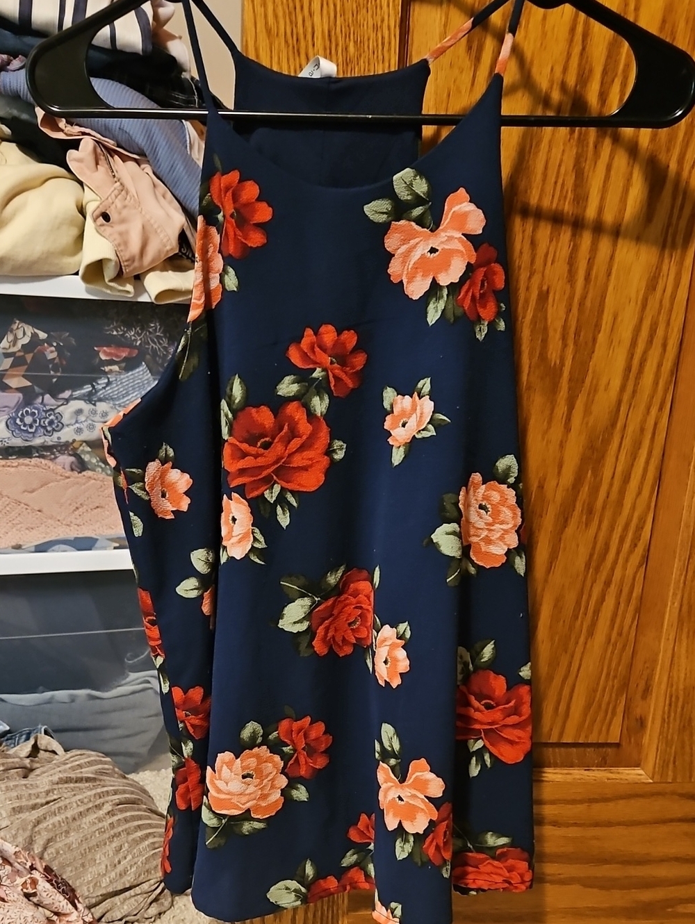 DNA couture Navy Tank Top with Red and Peach Floral Print